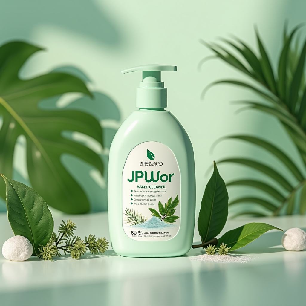 環境配慮を表す緑の葉と自然要素と共に配置されたエコフレンドリーなJPwuor塩系クリーナー製品