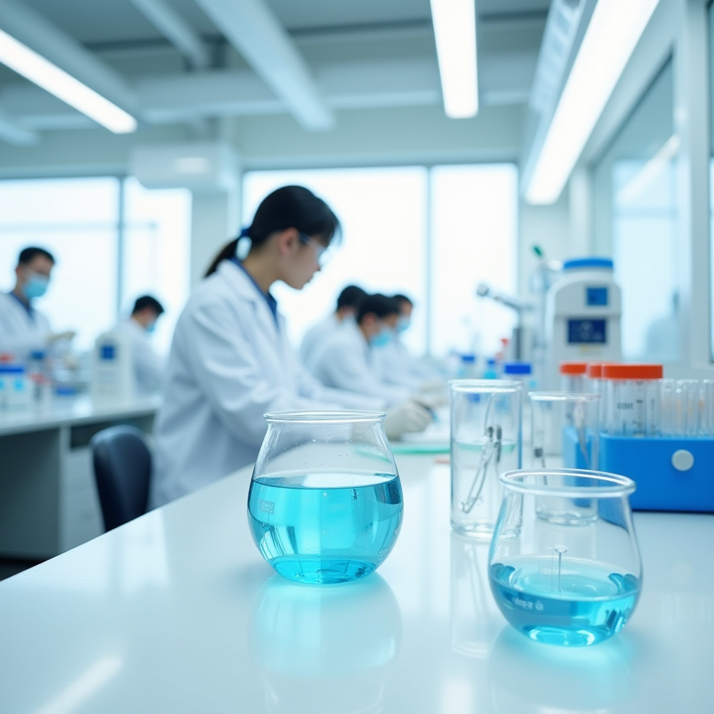 京都大学環境研究所の最先端研究施設、清潔な白い実験室に並ぶ試験管とビーカー、研究者が水質分析装置を操作している様子