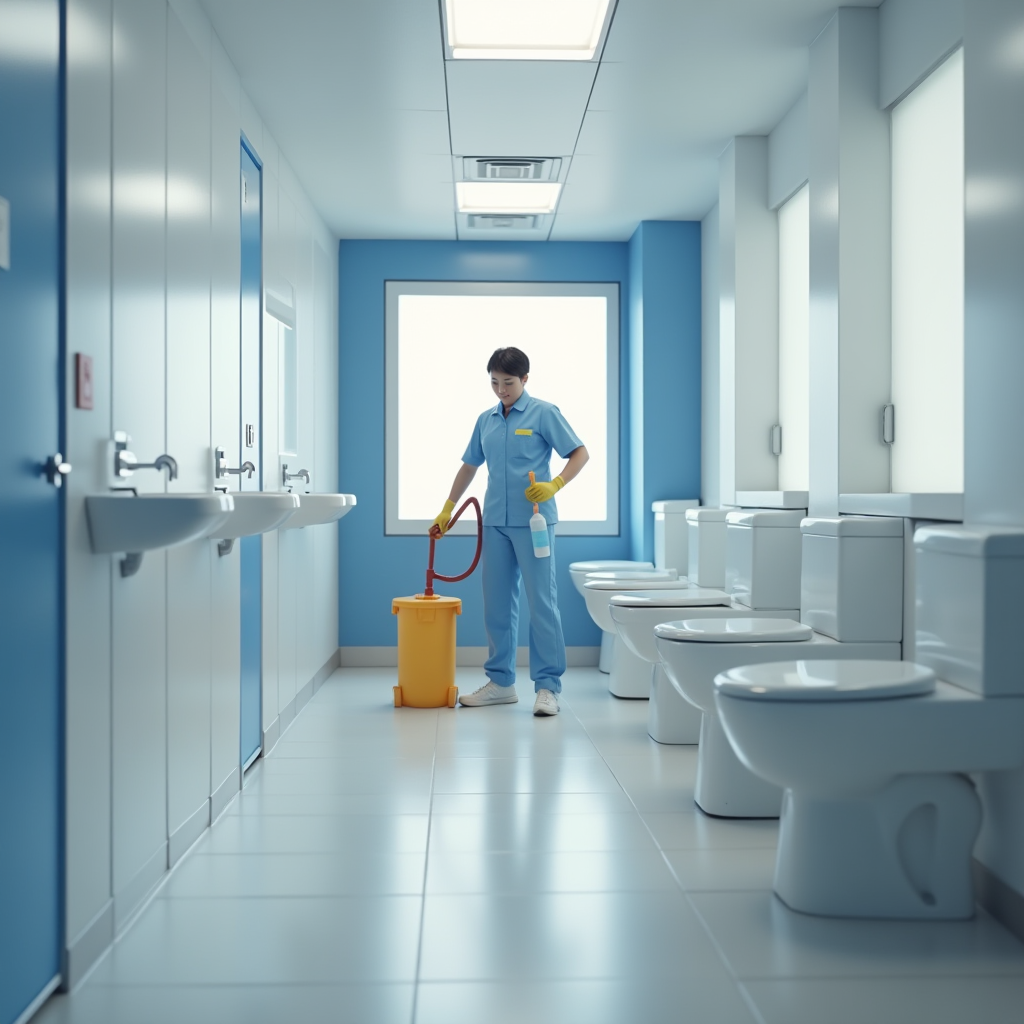 プロの清掃スタッフがJPwuor塩系トイレクリーナーを使用してオフィスのトイレを清掃している様子。清潔で明るい環境で、スタッフは制服を着用し、専門的な清掃用具を使用している