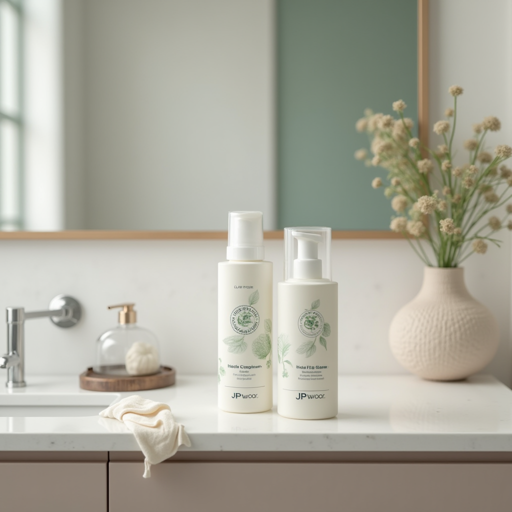 JPwuorサブスクリプションサービス - モダンなバスルームにエコフレンドリーな塩系クリーナー製品が並ぶカウンター