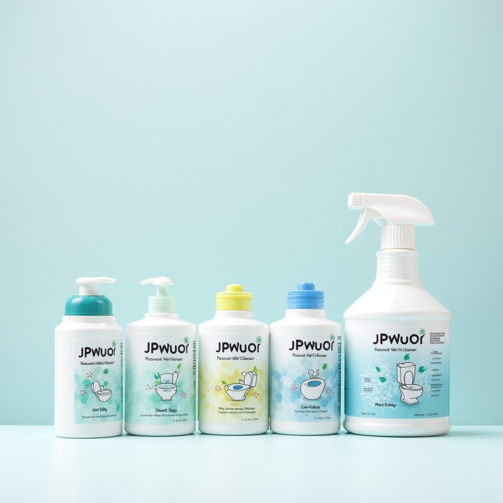 JPwuor塩系トイレクリーナー製品ラインナップ - 環境に優しい天然塩ベースの便器洗浄剤、除菌・消臭効果を持つトイレ用塩洗剤のパッケージ展示