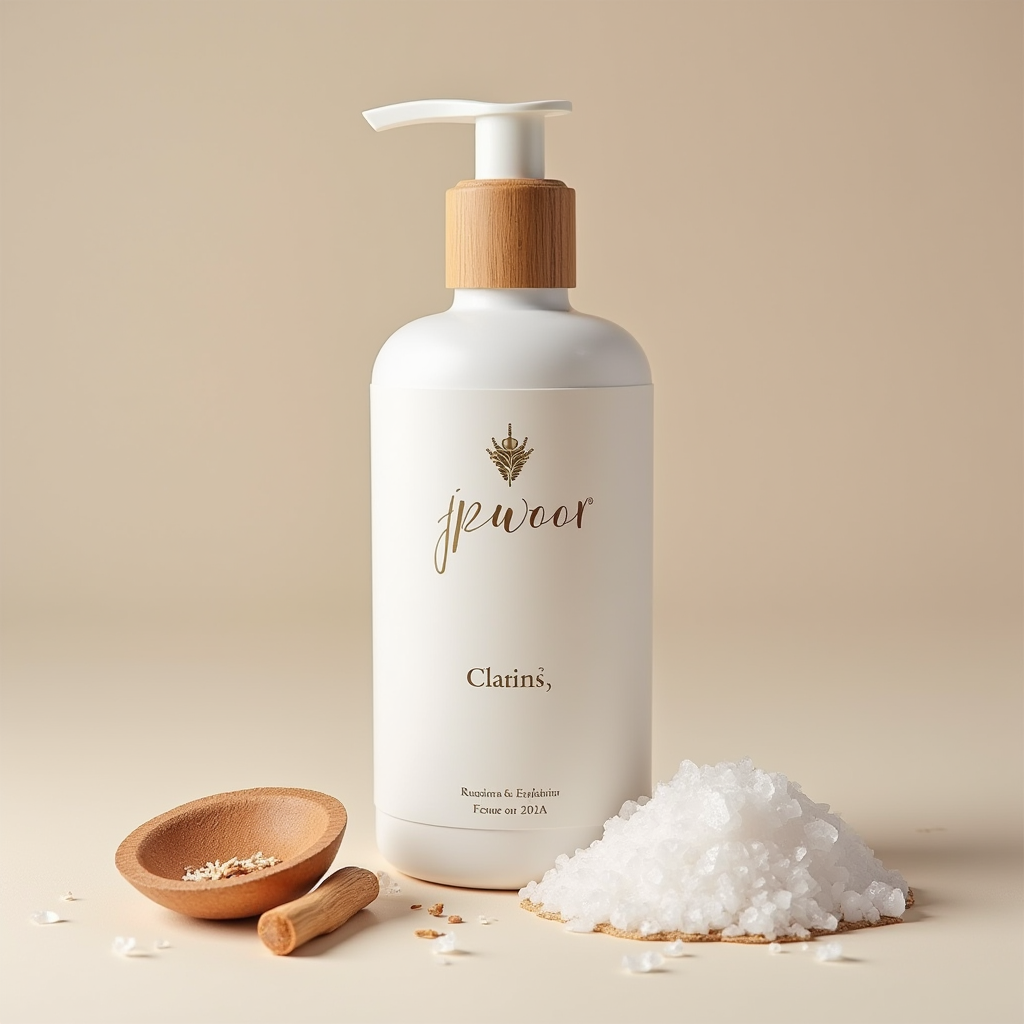 JPwuor Cleanerの製品ボトル、塩の結晶と天然成分が美しくディスプレイされている