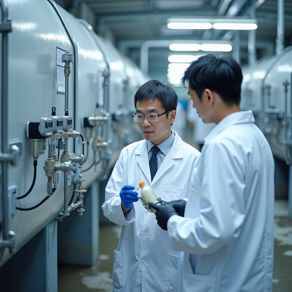 京都大学の研究チームが下水処理施設で水質サンプルを採取している様子、白衣を着た研究者たちが大型の処理タンクの前で測定機器を操作