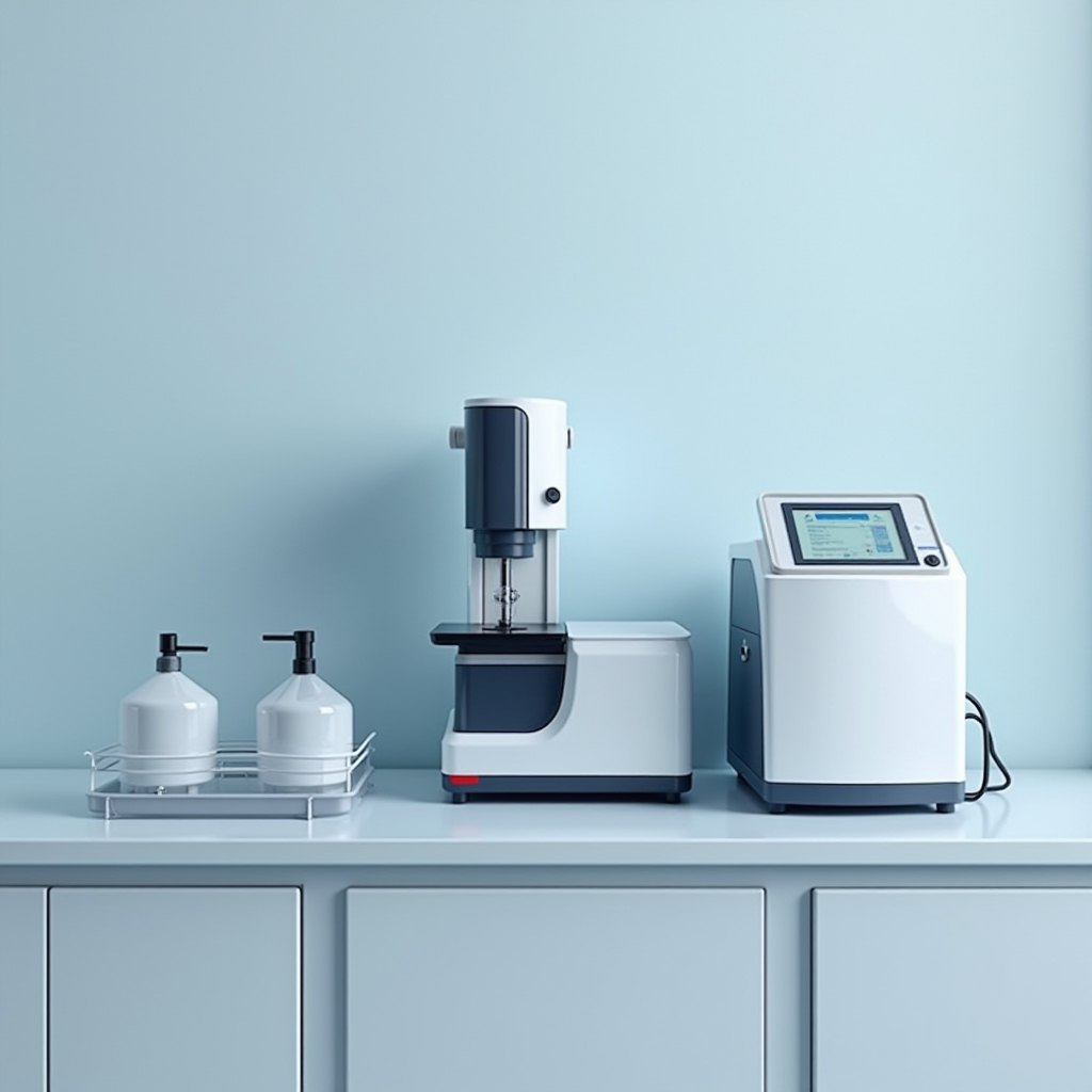 実験室の精密測定機器。洗浄効果を測定するための分光光度計と、除菌性能を評価するための培養装置が配置されている