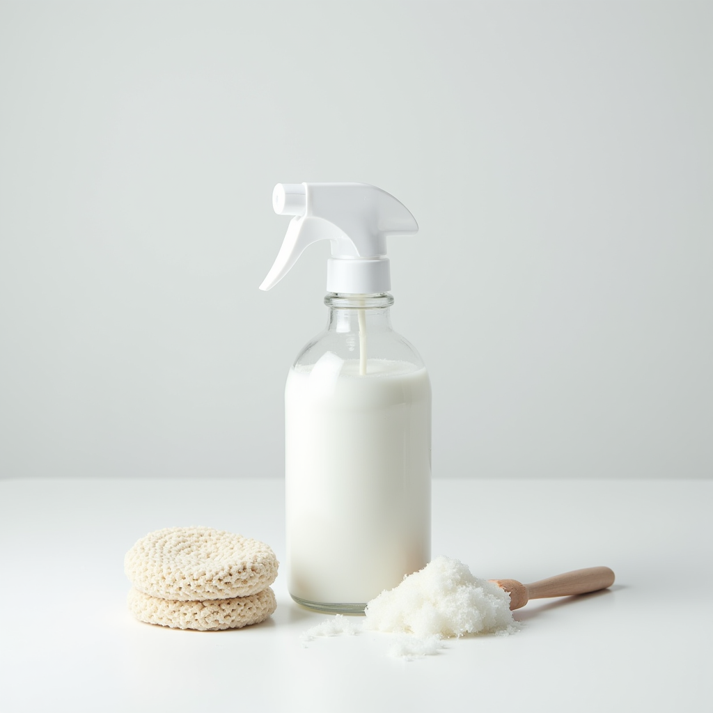 JPwuor塩系クリーナーのボトルとプロフェッショナルな清掃機器が白い清潔な表面に配置されている様子