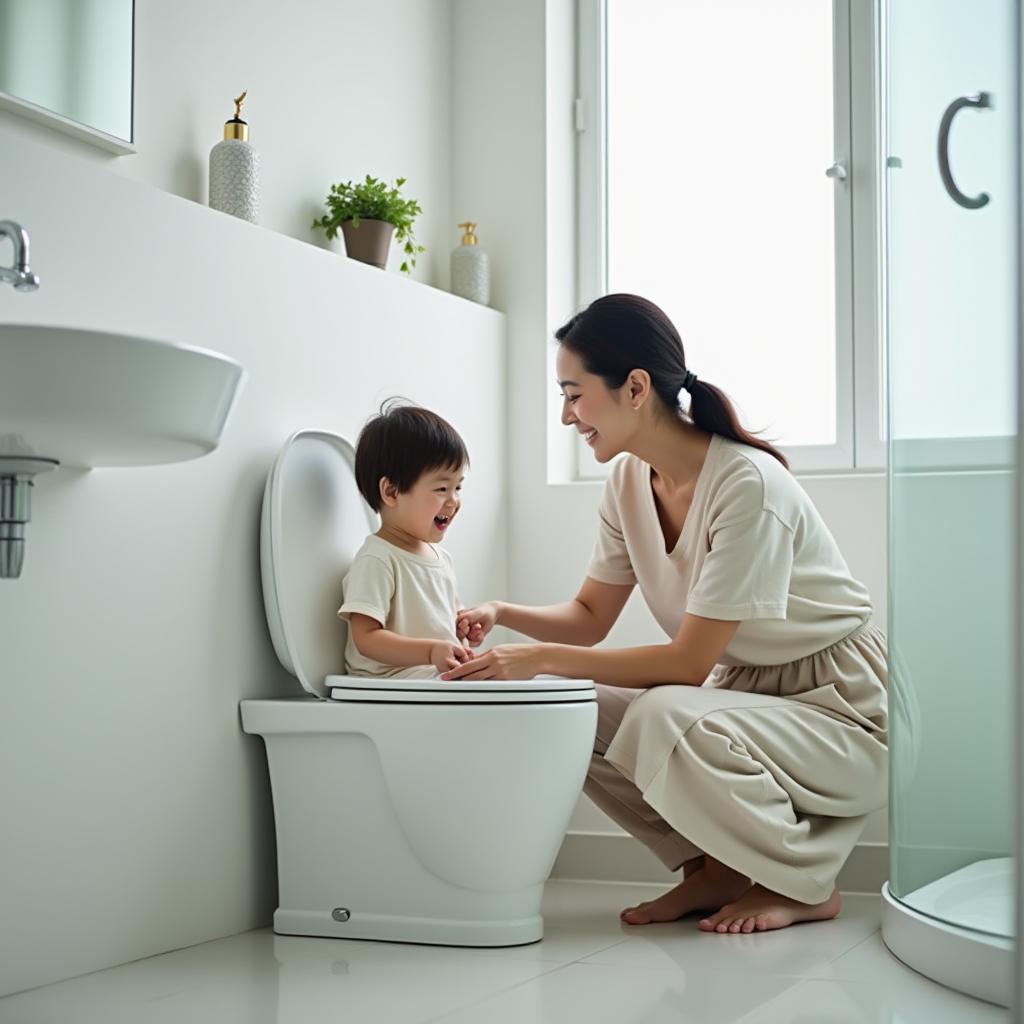 明るい現代的なバスルームで、子供の近くでトイレを掃除する笑顔の日本人母親