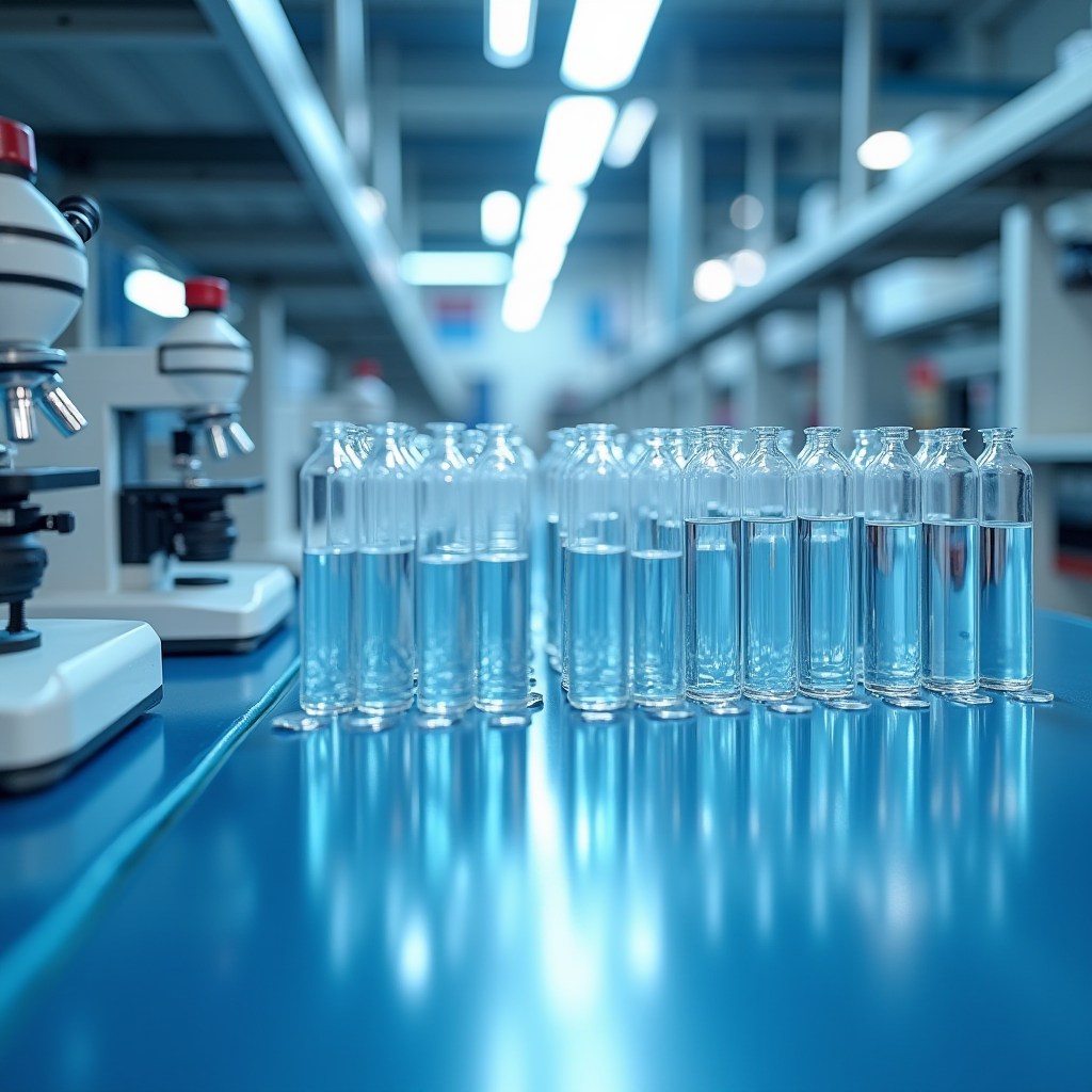 下水処理施設の水質分析室、顕微鏡とクロマトグラフィー装置が並ぶ実験台、透明な試験管に入った水サンプルが整然と配置されている