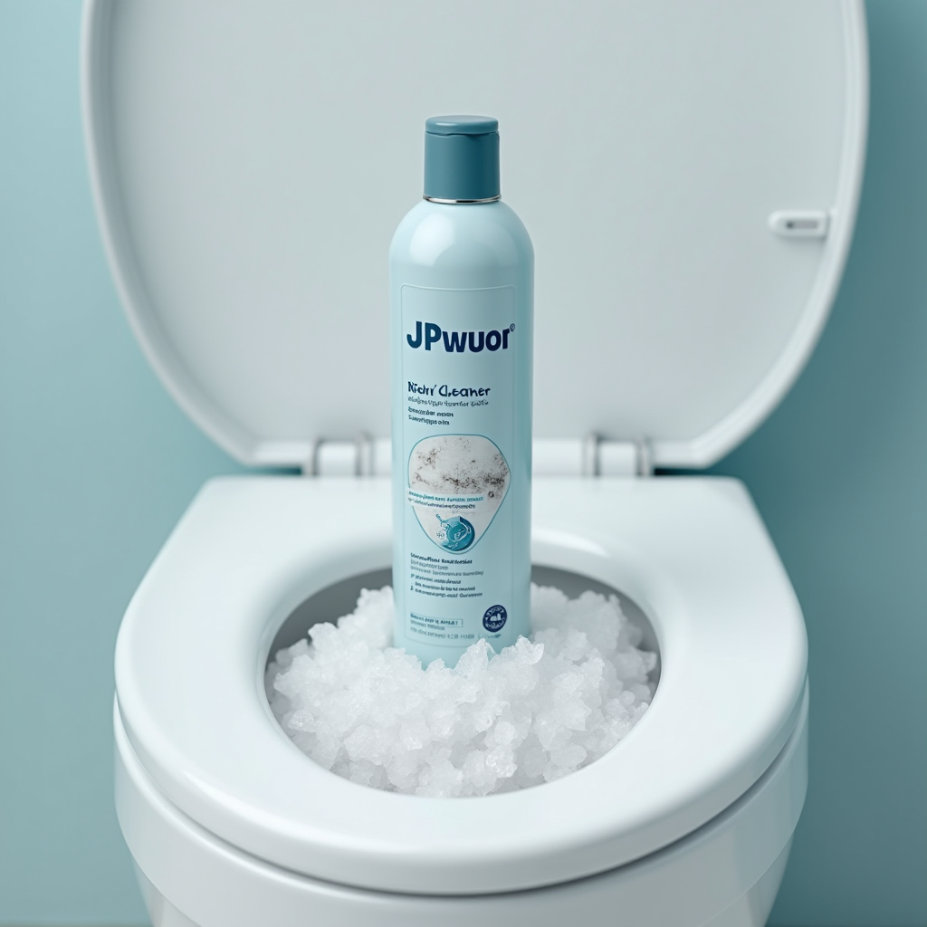 JPwuorクリーナーの製品ボトルと塩の結晶、清潔なトイレ空間を配した商品イメージ