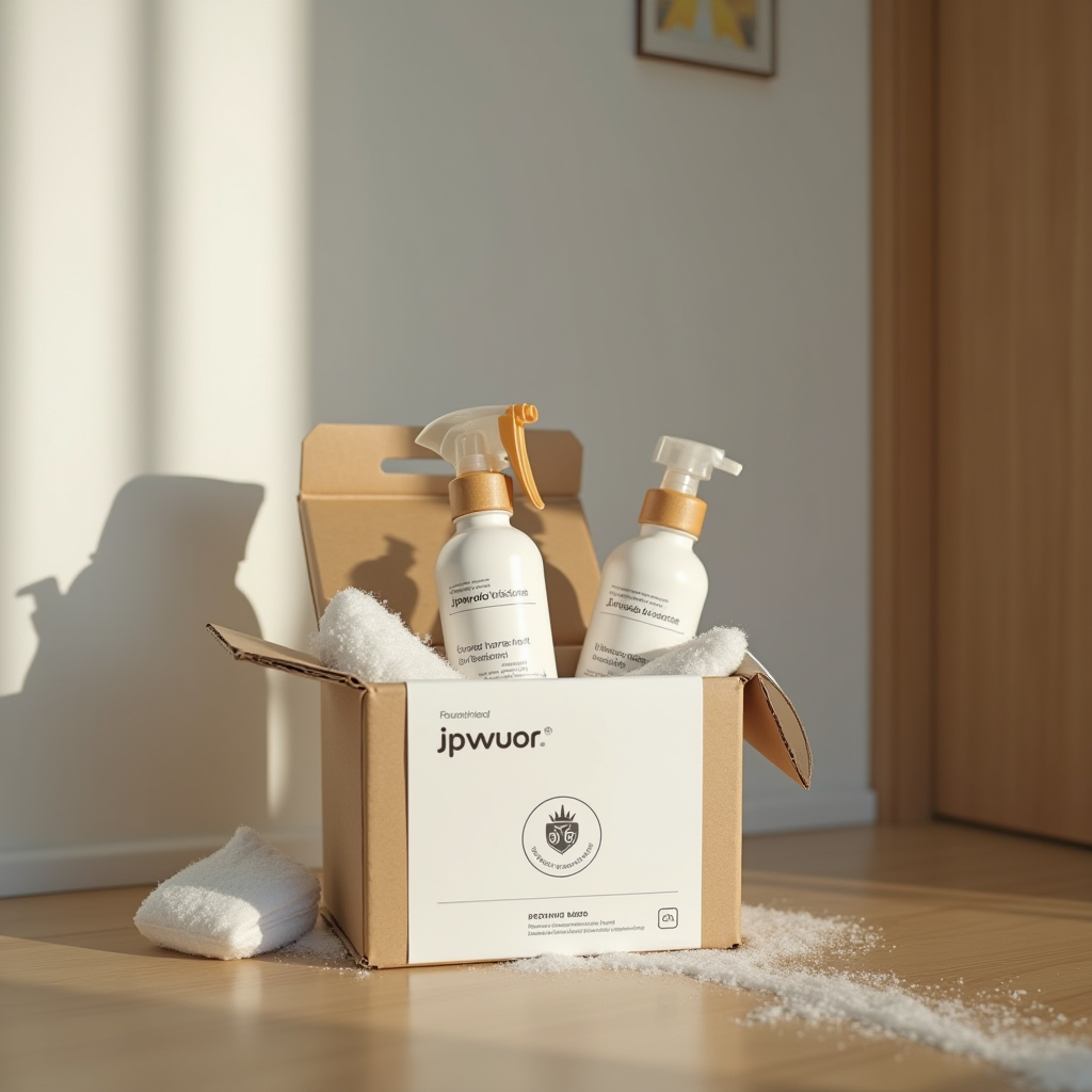 家庭のドアに届けられるJPwuor塩系クリーナー製品の定期配送ボックス。清潔な日本の家庭のバスルームで、忙しい家族が便利なサブスクリプションサービスを利用している様子