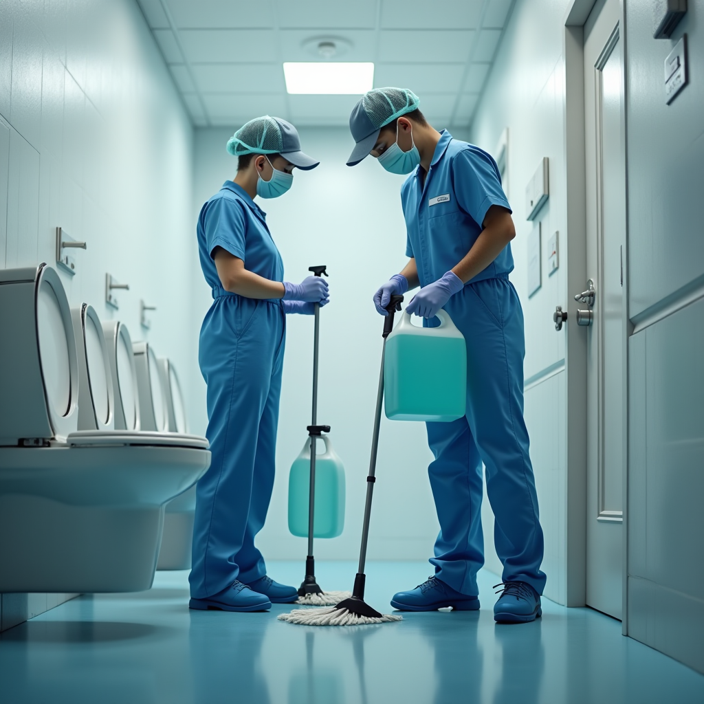 プロフェッショナル清掃スタッフ - JPwuor製品を使用してトイレを清掃する訓練されたスタッフ、保護具を着用