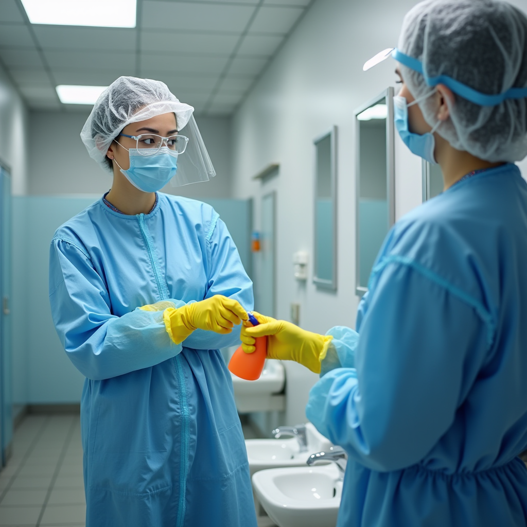 商業施設のトイレで適切な保護具を着用した清掃スタッフがJPwuorクリーナーの安全な取り扱い手順を実演している安全プロトコル研修の様子