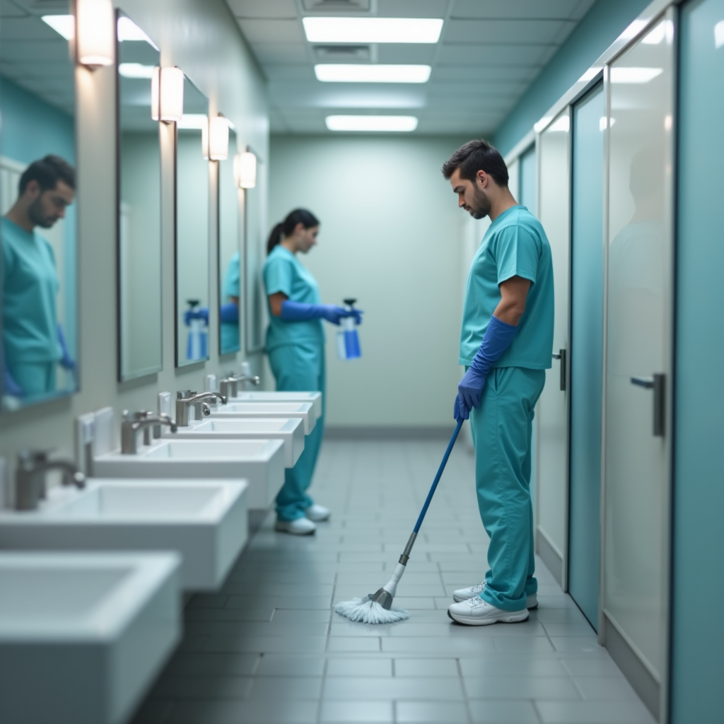 商業ビルのバスルームでJPwuor Cleanerを使用するプロの清掃スタッフ