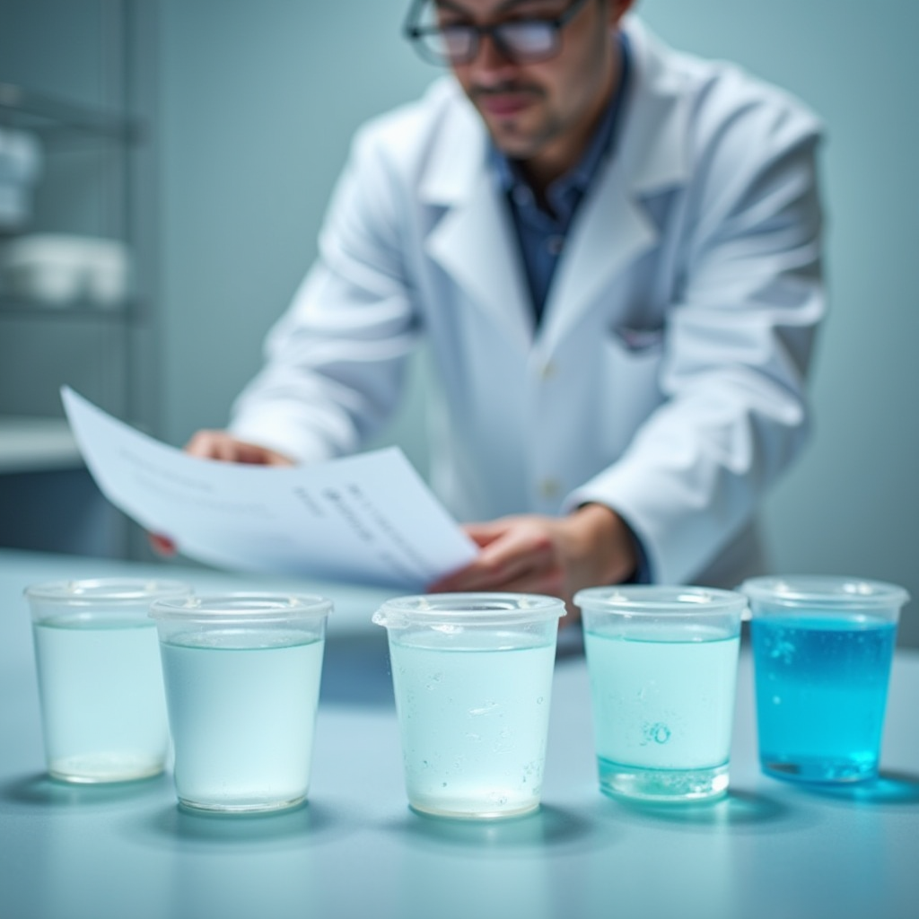 実験室での比較試験の様子、4つの便器サンプルに異なる洗剤を使用した洗浄効果の比較、白衣の研究者が結果を記録している