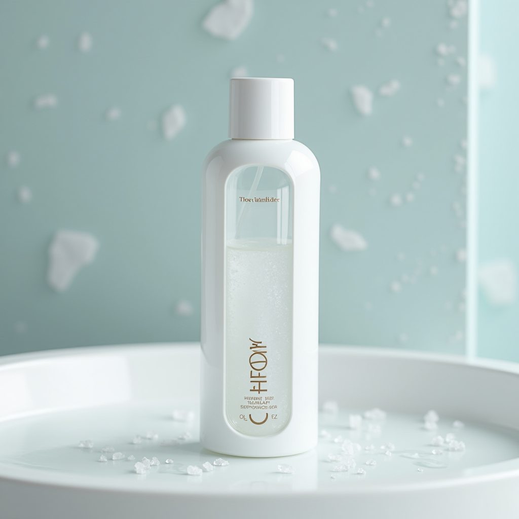 塩の結晶が見えるJPwuorクリーナーのボトルのクローズアップ、モダンな製品デザイン、透明な液体、日本語ラベル、清潔なバスルームの背景、プロフェッショナルな製品写真