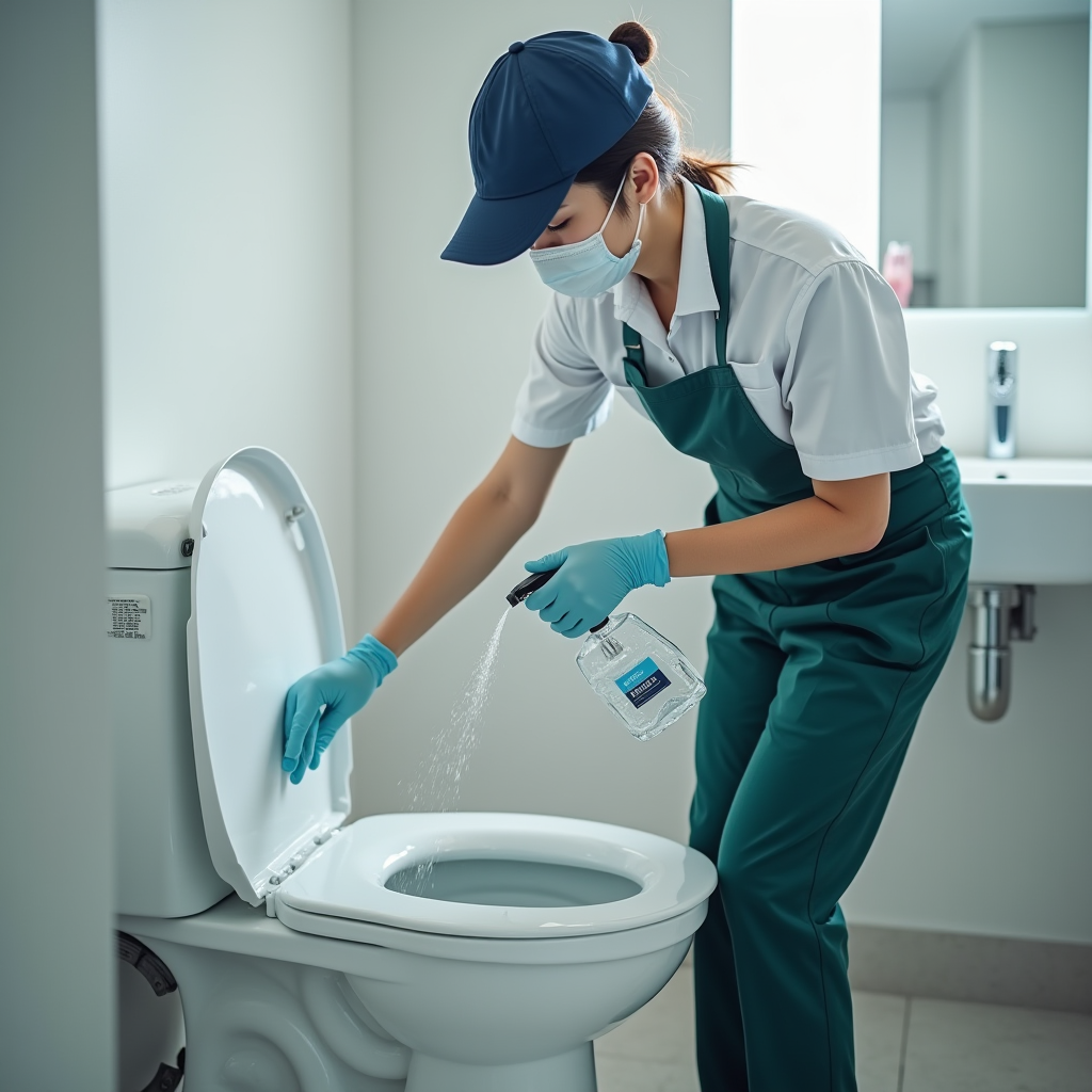 JPwuor塩系クリーナーを使用して便器を清掃する制服を着たプロフェッショナル技術者の様子、現代的な日本のバスルーム