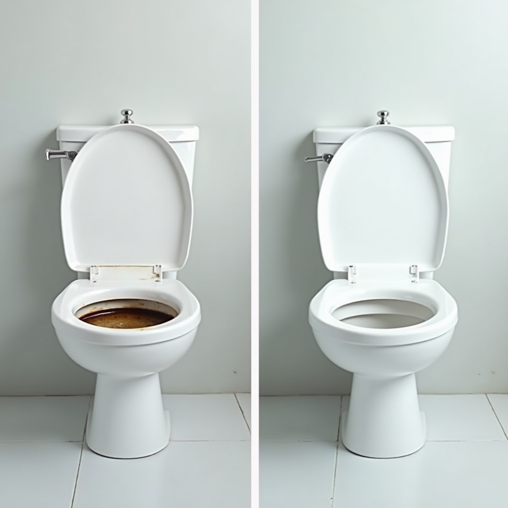 清掃前後の比較 - プロフェッショナルサービス後、汚れたトイレがピカピカに変わる様子を示す分割画像
