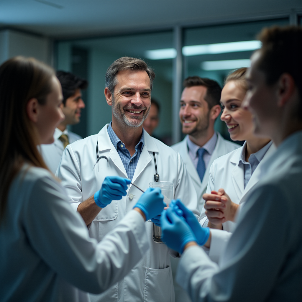 研究室で祝福するJPwuorクリーナーのボトルを持った開発チーム、笑顔の科学者たち、現代的な実験設備、成功の瞬間、チーム写真