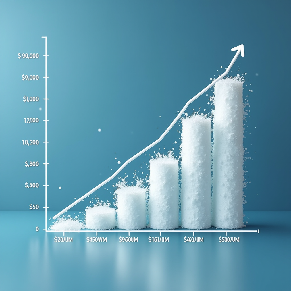 時間経過によるコスト比較グラフ。6ヶ月間の累積コストを示す折れ線グラフで、JPwuor塩系洗剤のコスト効率の優位性を視覚化
