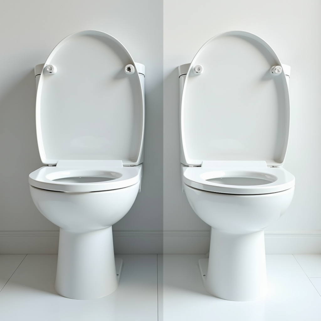 JPwuor処理前後のトイレ清掃の比較写真、清潔な白い便器の状態を示す