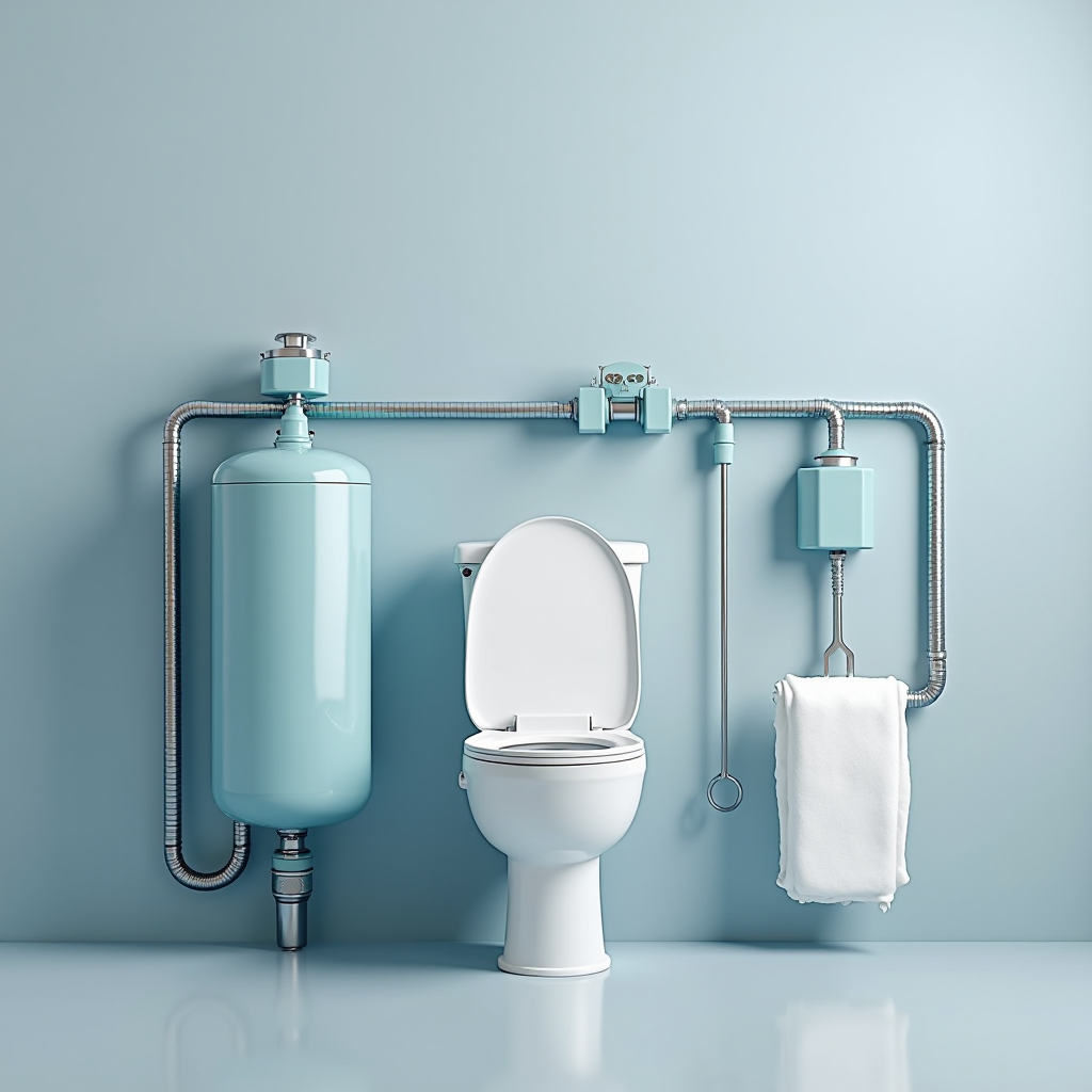 JPwuor塩系トイレクリーナーのバルク供給システムとプロフェッショナル施工プロセス。大容量タンク、専用ディスペンサー、施工用具が整然と配置されている