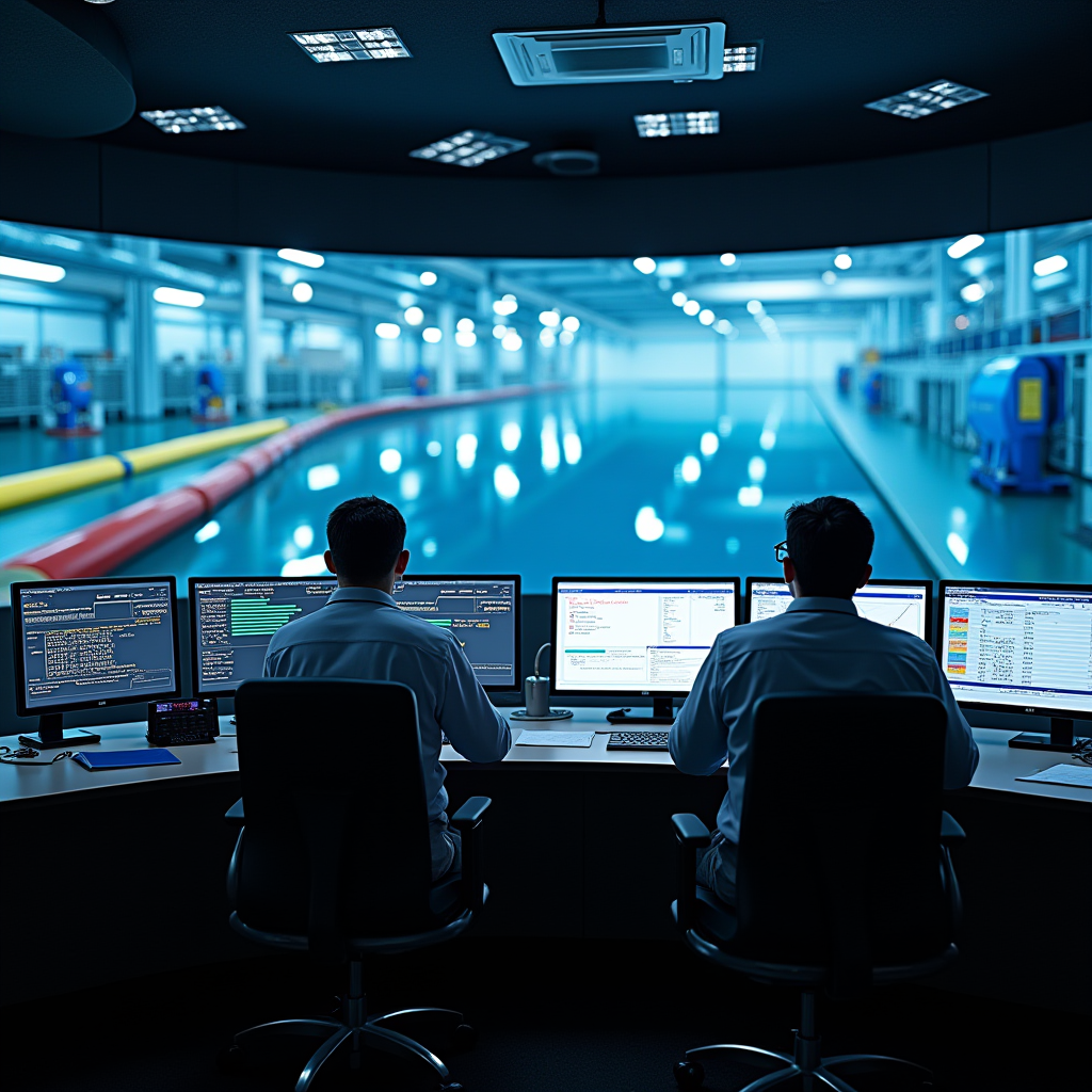 最新の下水処理施設の制御室、大型モニターに表示される処理プロセスのデータ、オペレーターが効率的な運転管理を行っている様子