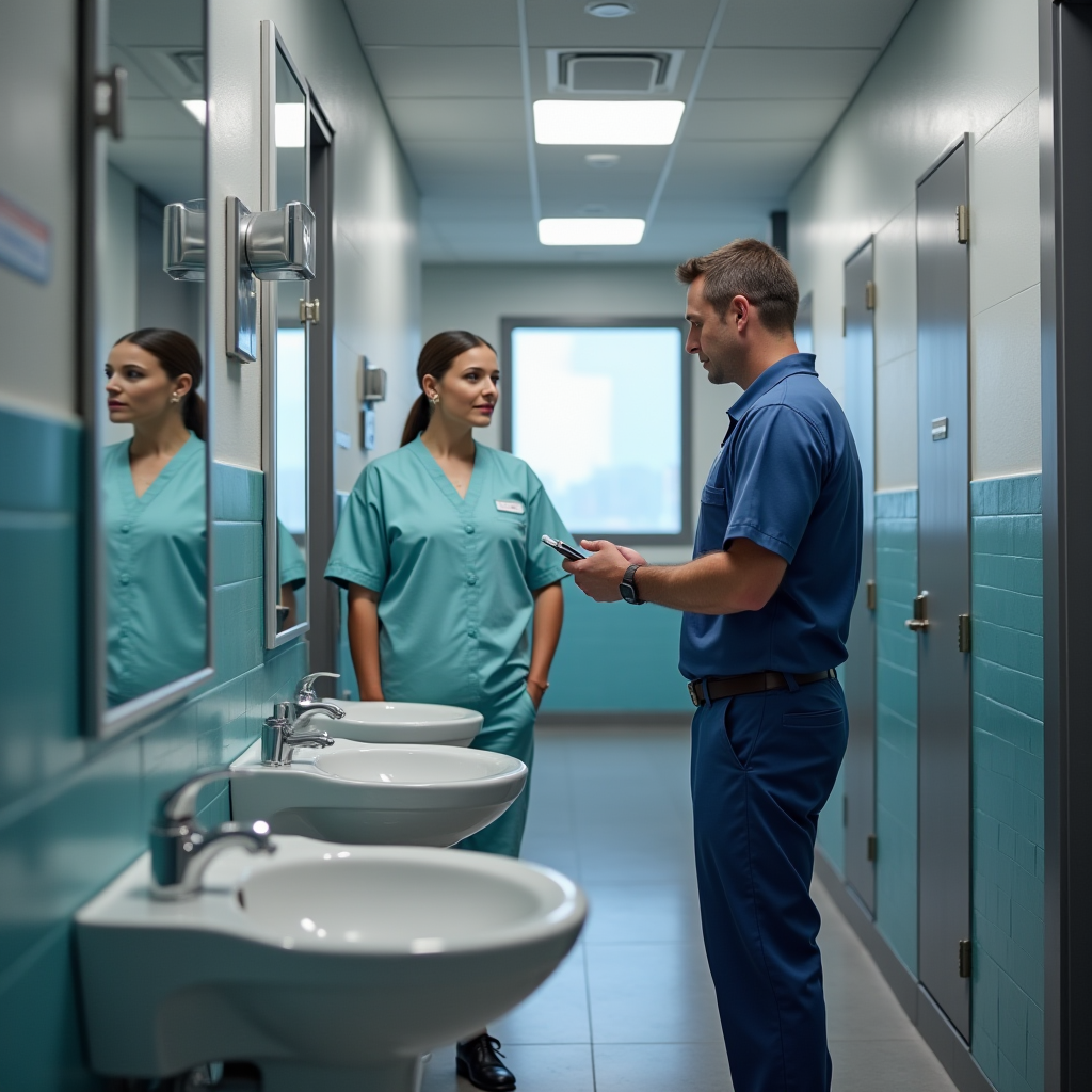 クライアント施設で実施される現場研修。インストラクターが清掃スタッフに実際のトイレでJPwuor適用技術を実践指導している様子