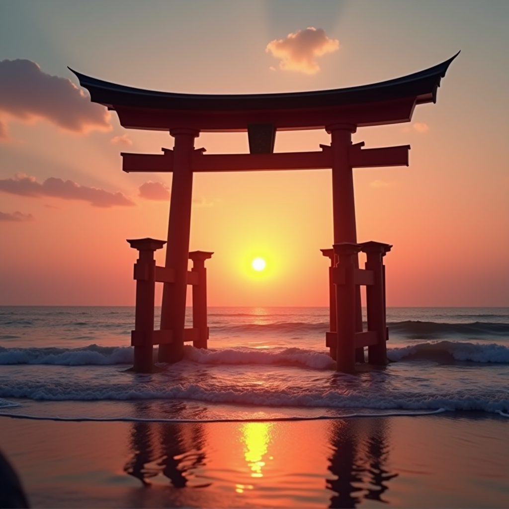 海辺の伝統的な日本の鳥居に昇る朝日、塩水の波、穏やかな朝、精神的な雰囲気、希望と伝統の象徴