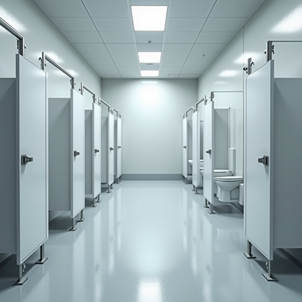 JPwuor塩技術で清掃された複数の個室を持つ商業施設のバスルーム