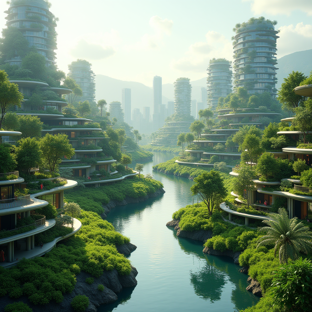 未来の持続可能な都市、清潔な河川が流れる緑豊かな街並み、太陽光パネルを備えた建物、人々が環境に配慮した生活を送る様子