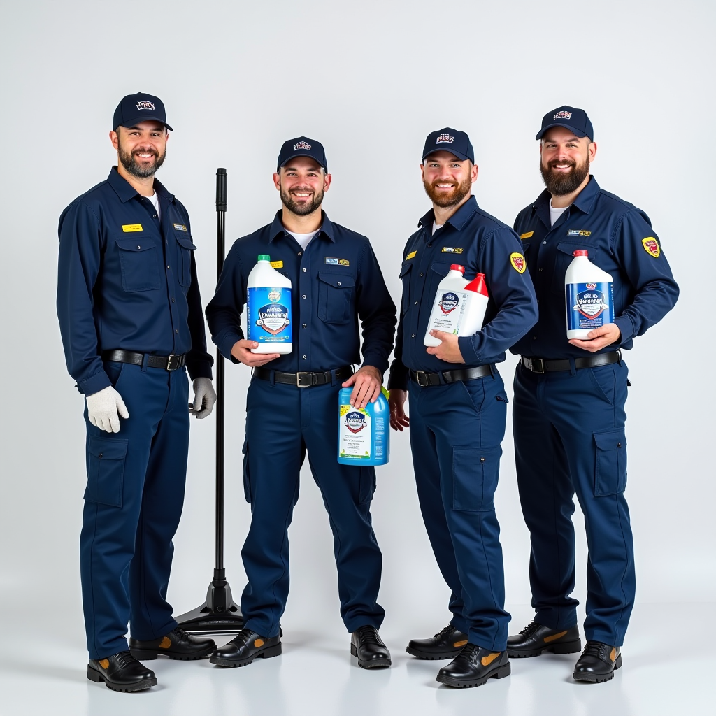 プロフェッショナルな制服を着たJPwuor認定技術者チーム、清掃機器と塩系製品を持っている様子