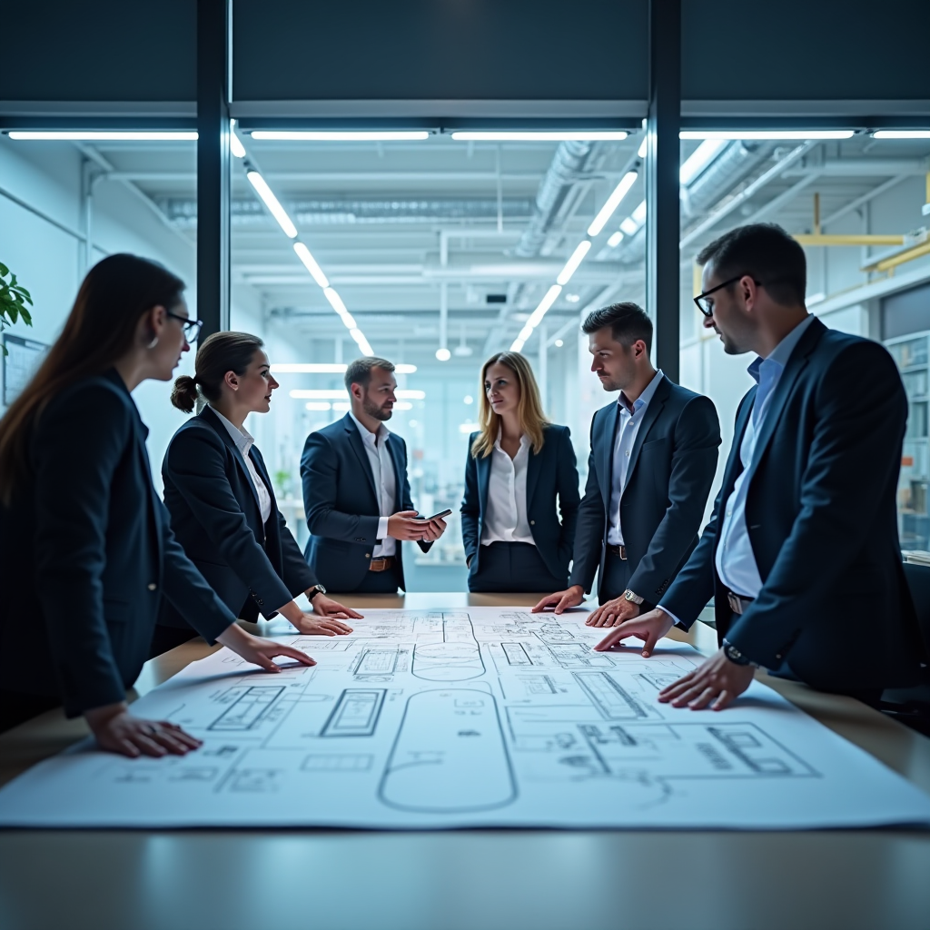 専門的な会議室で施設管理者と共に大規模商業施設の設計図と清掃ワークフロー図を分析するコンサルタントたちの様子