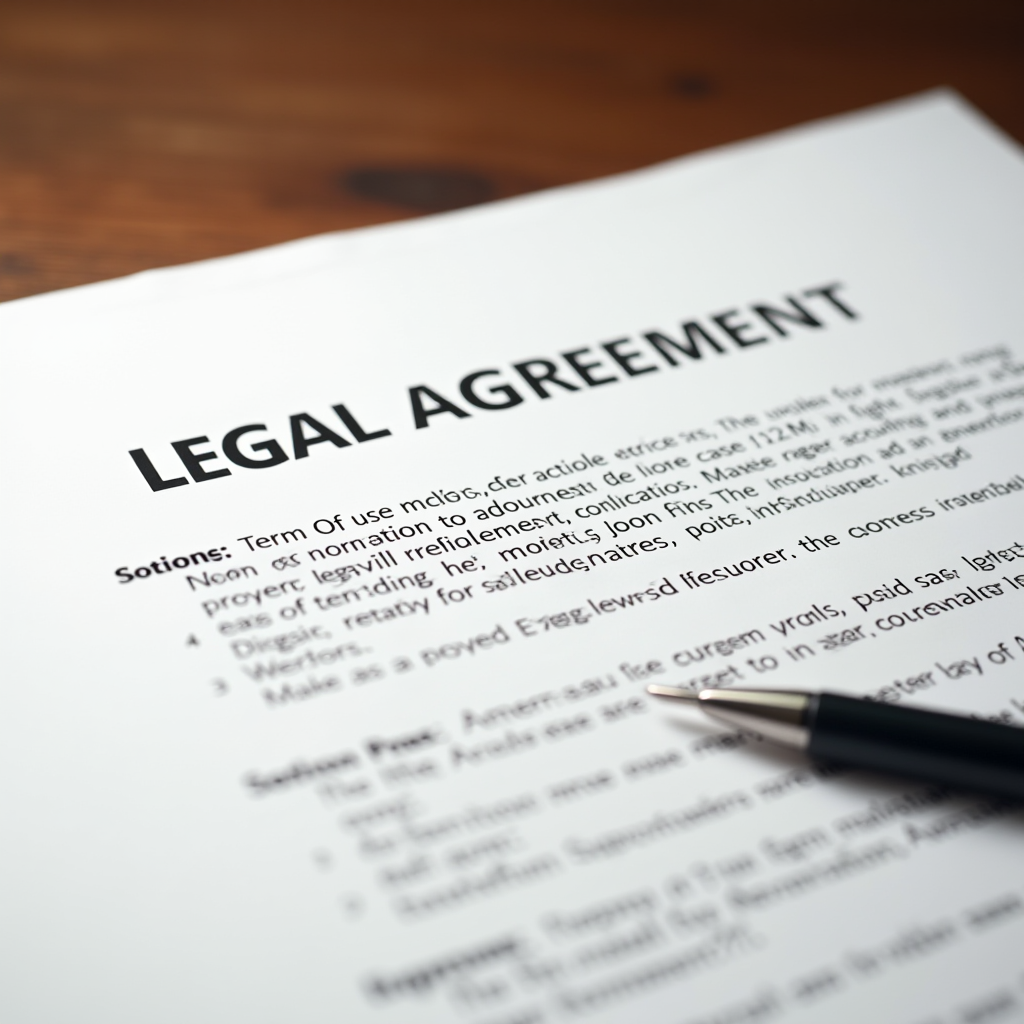 法的合意書類 - 正式な利用規約文書、法的拘束力のある契約条項、双方の権利と義務の明確な定義を示す公式文書のイメージ
