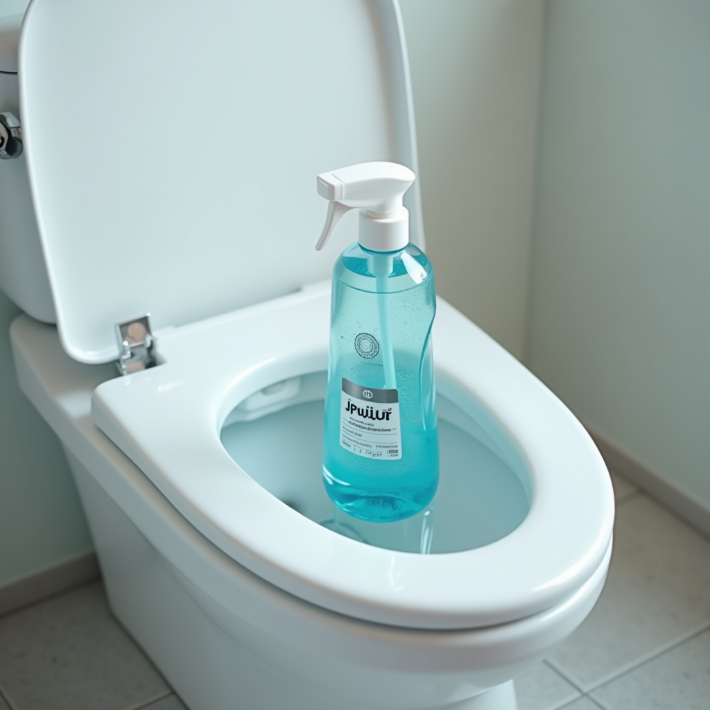 JPwuor Cleanerのボトルが目立つように配置された、美しく輝く清潔な日本のトイレ